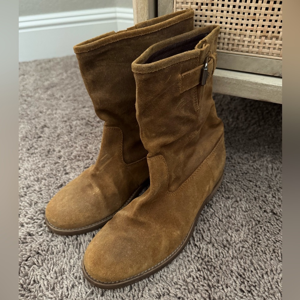 J Crew Tan Brown Suede Mid-Calf Moto Boots Size 6